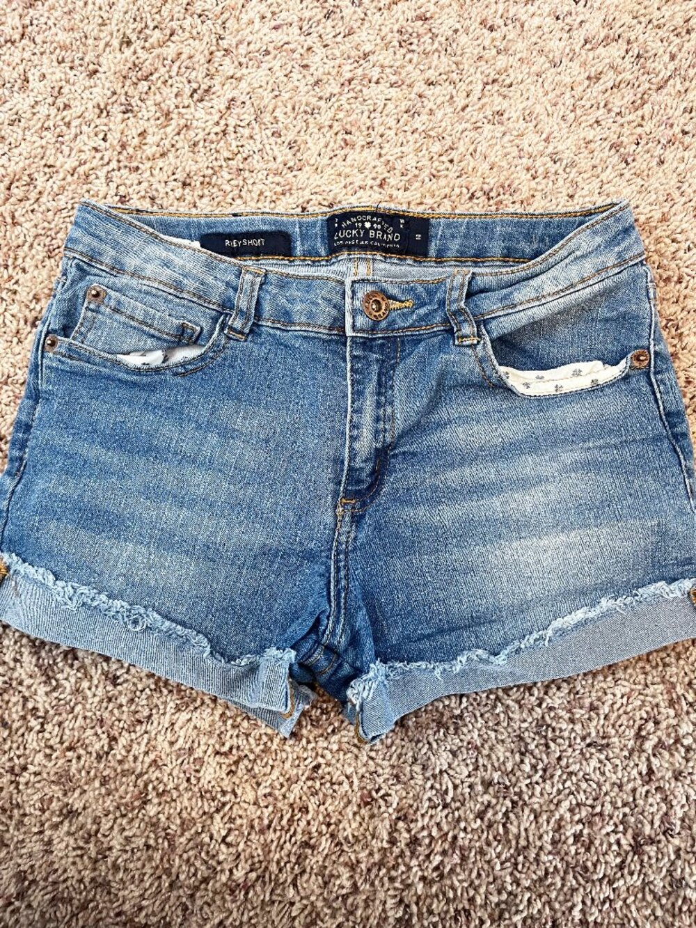 Lucky Brand Riley Girls Denim Shorts Size 14 Blue Frayed Cuffed Hem